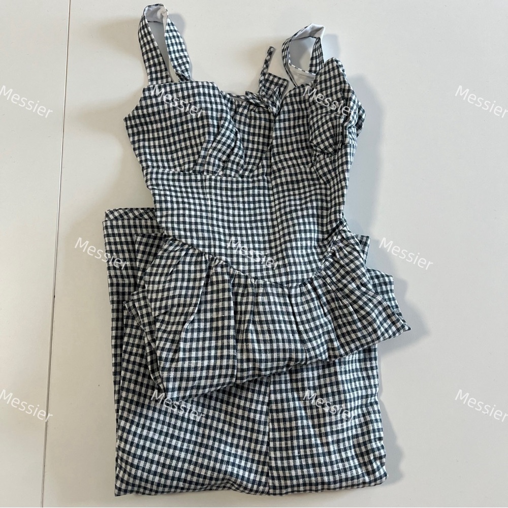 Reformation Balia Linen Dress in Slate Check - Picture 11 of 13